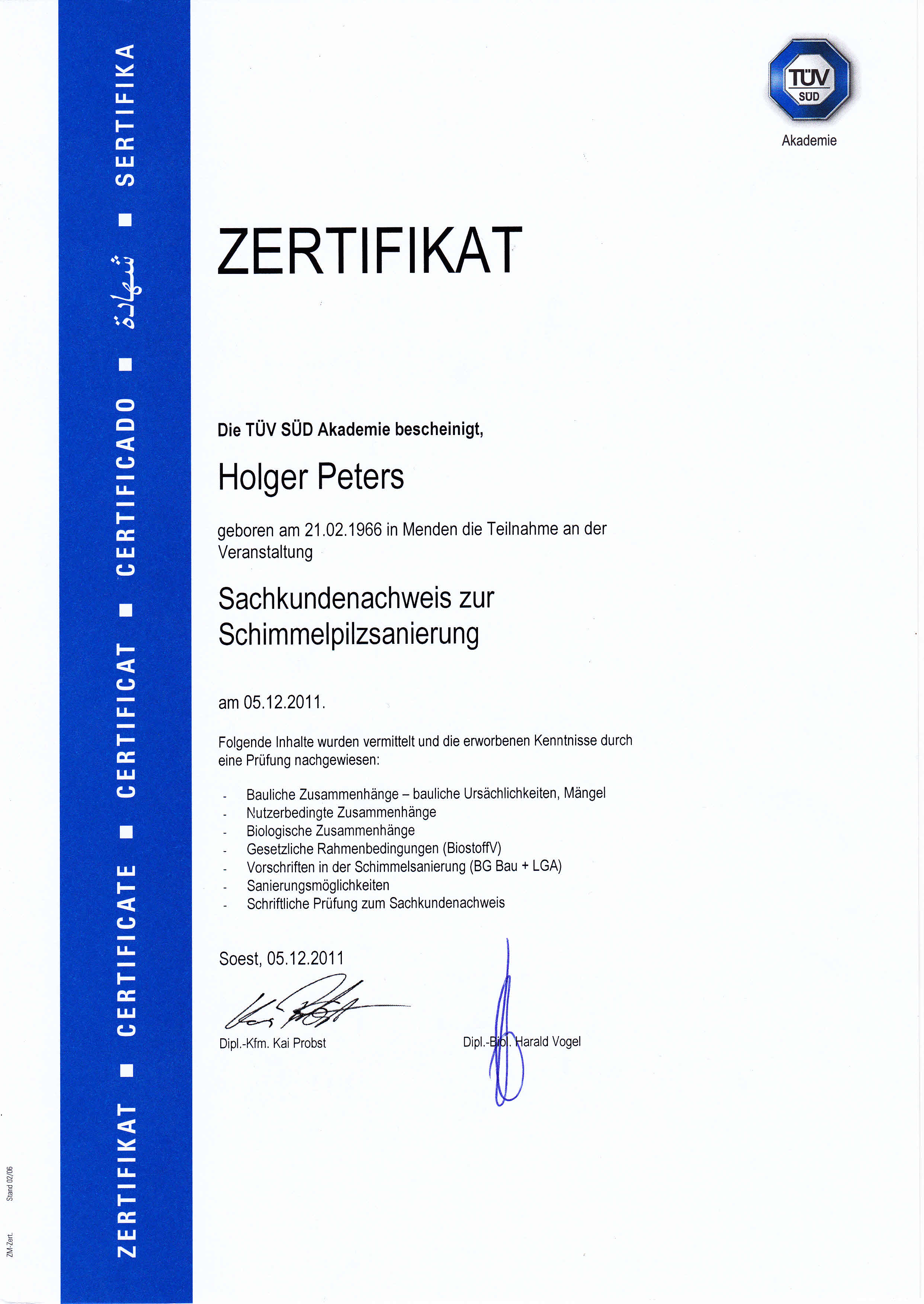 Zertifikat TÜV SchimmelSanierung 